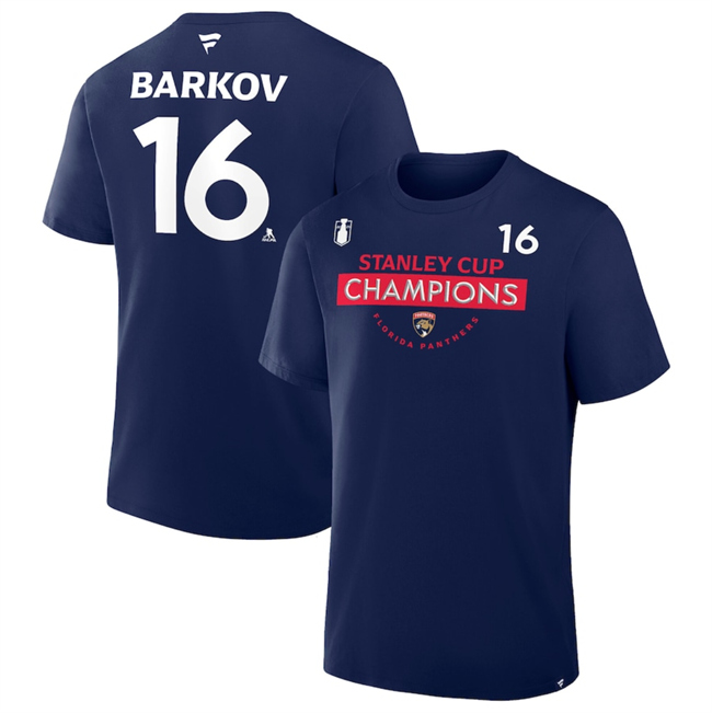Men's Navy Florida Panthers #16 Aleksander Barkov 2025 Stanley Cup Champions Pro Name & Number T-Shirt